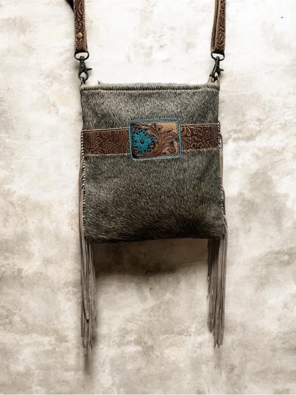 Myra Bag Hair-on-Leather Fringe Crossbody Western Boho Purse - Festival Rodeo